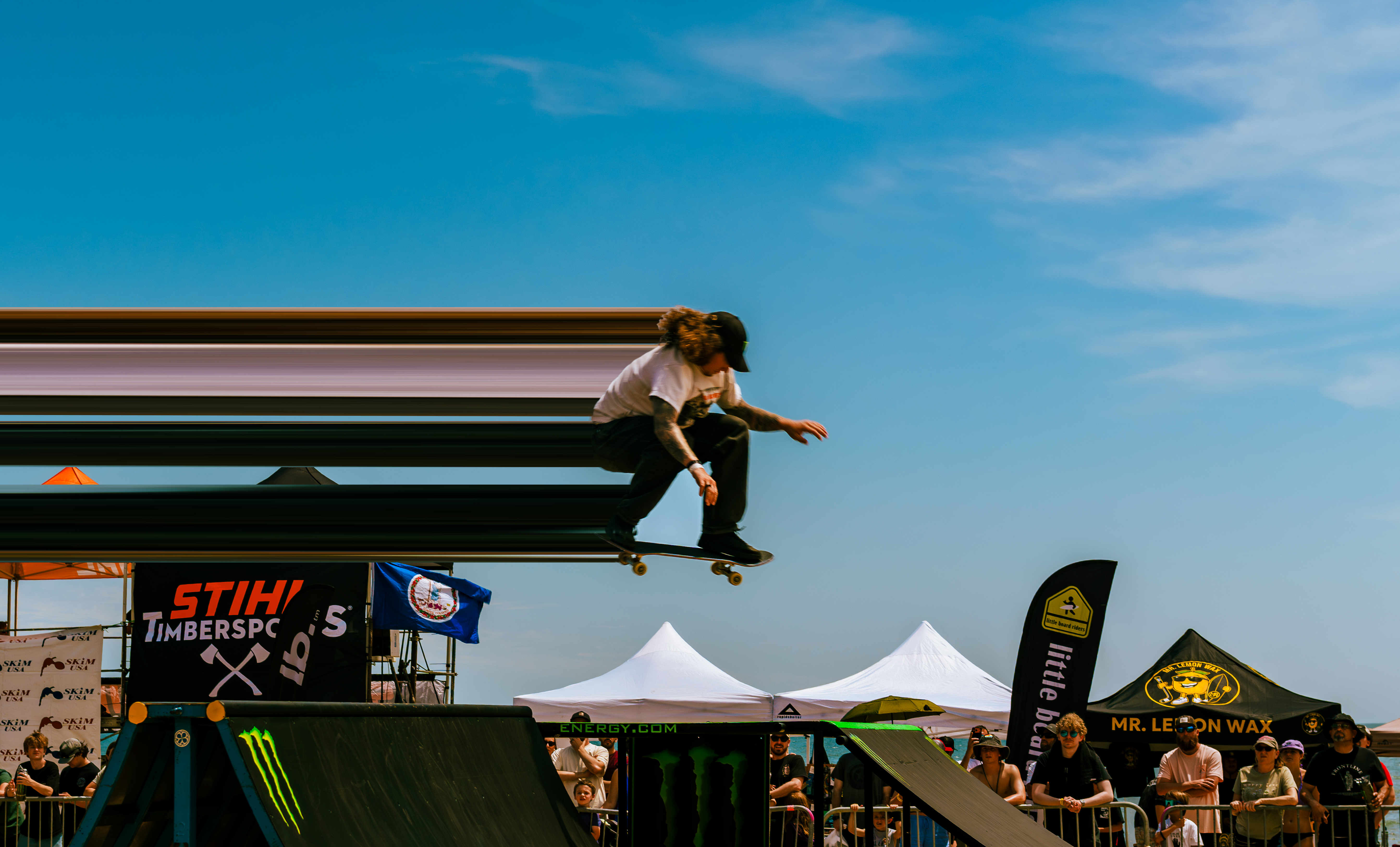 Skateboarder gliding through the air